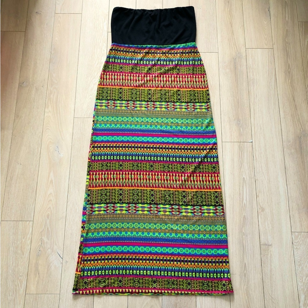 Guilty Neon Geometric Print Strapless Maxi Dress